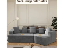 Sofá angular reto modular 307cm - de Veludo de canelura larga - 3 lugares - com 5 almofadas - Cinza