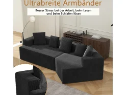 Sofá angular reto modular 307cm - de Veludo de canelura larga - 3 lugares - com 5 almofadas - Preto