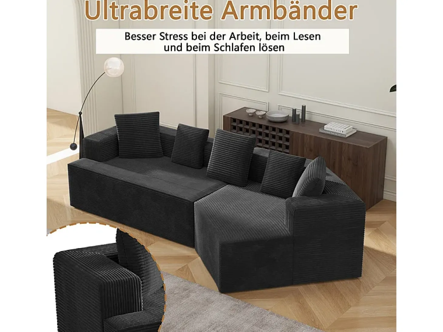 Sofá angular reto modular 307cm - de Veludo de canelura larga - 3 lugares - com 5 almofadas - Preto