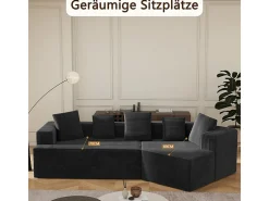 Sofá angular reto modular 307cm - de Veludo de canelura larga - 3 lugares - com 5 almofadas - Preto