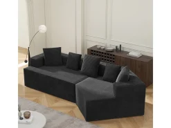 Sofá angular reto modular 307cm - de Veludo de canelura larga - 3 lugares - com 5 almofadas - Preto