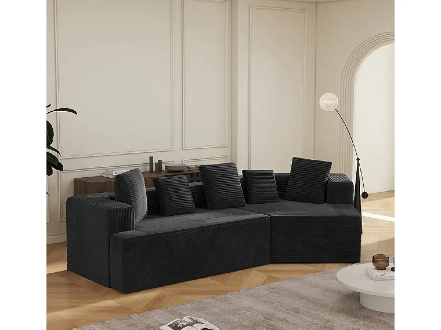 Sofá angular reto modular 307cm - de Veludo de canelura larga - 3 lugares - com 5 almofadas - Preto
