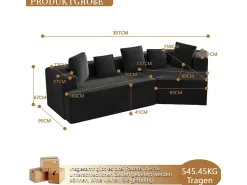Sofá angular reto modular 307cm - de Veludo de canelura larga - 3 lugares - com 5 almofadas - Preto