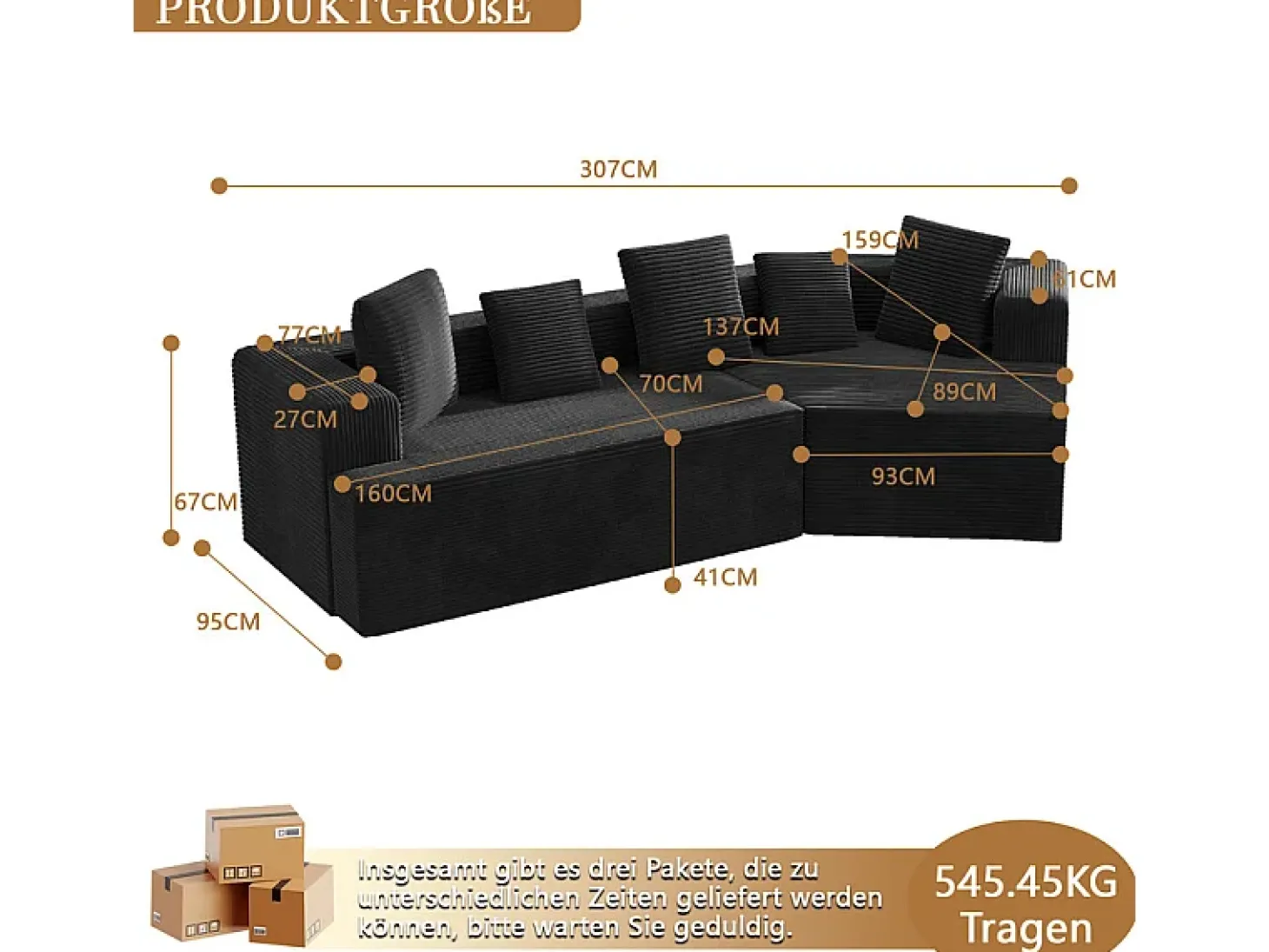 Sofá angular reto modular 307cm - de Veludo de canelura larga - 3 lugares - com 5 almofadas - Preto