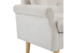 Sofá bege de 2 lugares, tecido chenille, pernas em madeira, 162x74x77cm