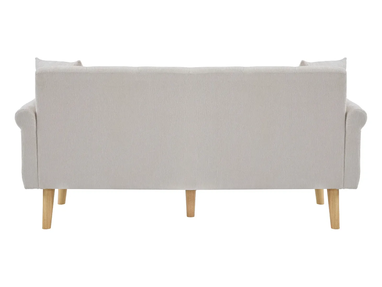 Sofá bege de 2 lugares, tecido chenille, pernas em madeira, 162x74x77cm