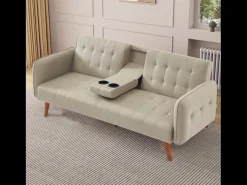 Sofá Cama Conversível 3 Lugares Bege com Mesa Central INVERNESS