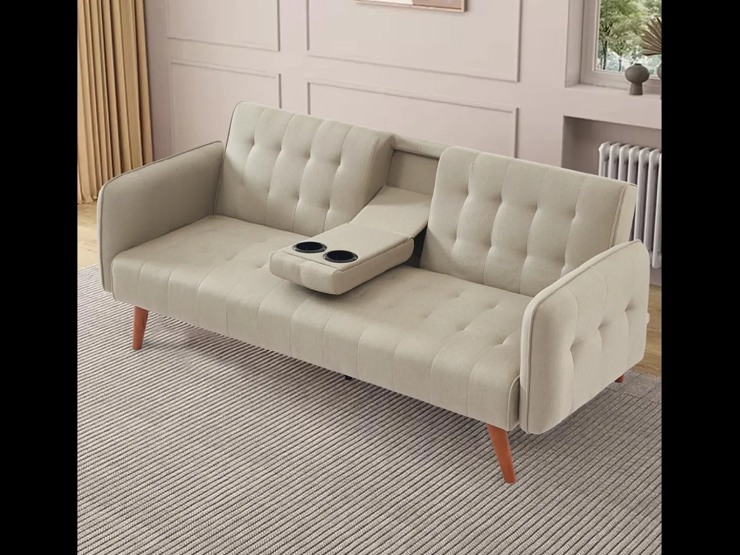 Sofá Cama Conversível 3 Lugares Bege com Mesa Central INVERNESS