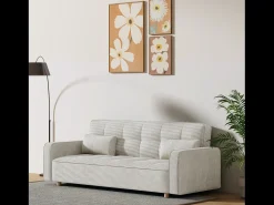 Sofá Cama Conversível 3 Lugares Veludo Cotelê Bege Copenhaga Escandinavo Confortável e Prático