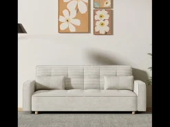 Sofá Cama Conversível 3 Lugares Veludo Cotelê Bege Copenhaga Escandinavo Confortável e Prático