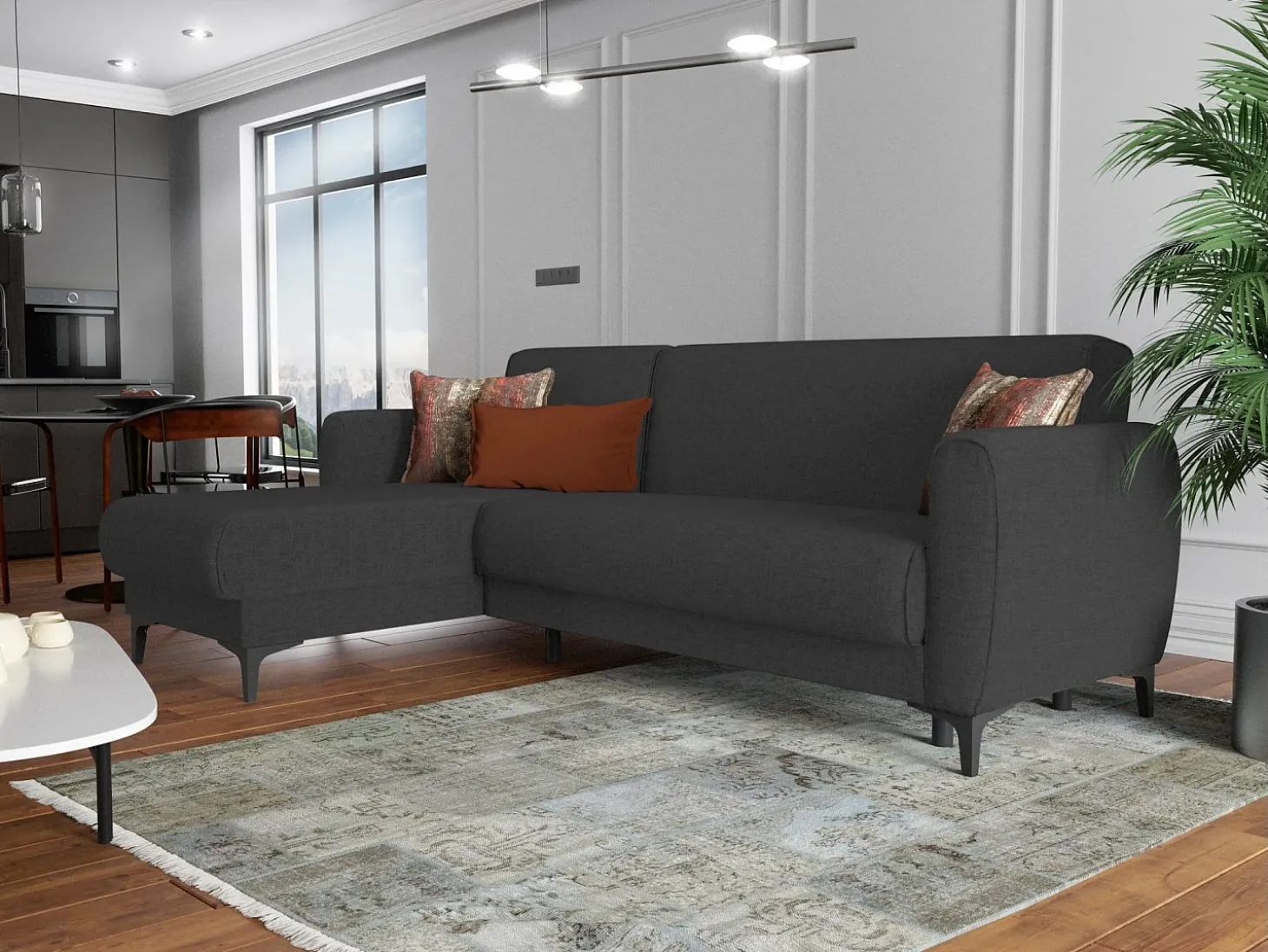 Sofá cama Dabazo, Sofá cama de canto com península reversível, Sofá moderno de arrumação com chaiselongue e 3 almofadas, 230x153h85 cm, Antracite