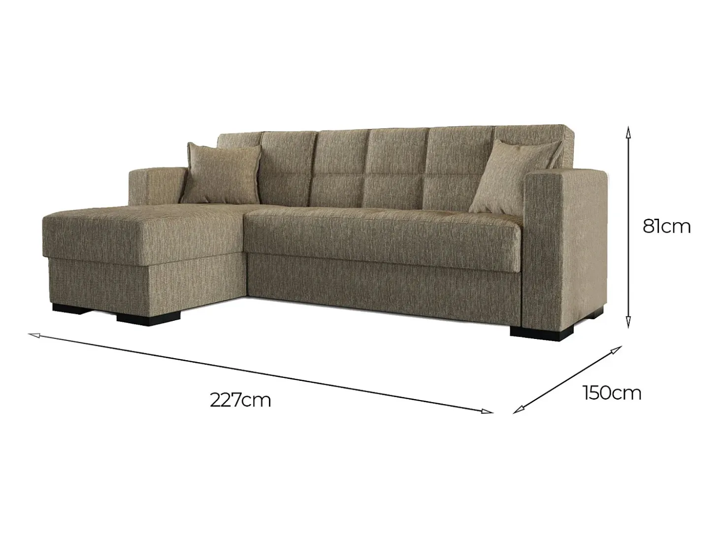 Sofá cama Ddajca, Sofá cama de canto com península reversível, Sofá de arrumação para sala com chaislongue e 2 almofadas, 230x150h81 cm, Bege