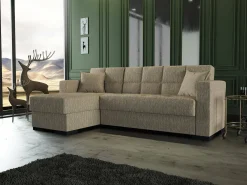 Sofá cama Ddajca, Sofá cama de canto com península reversível, Sofá de arrumação para sala com chaislongue e 2 almofadas, 230x150h81 cm, Bege