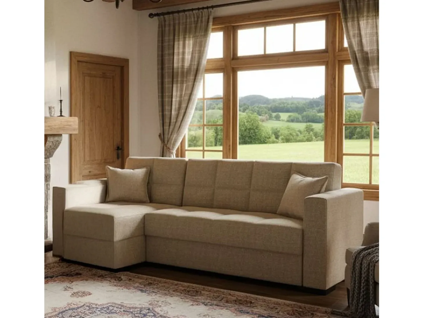 Sofá cama Ddajca, Sofá cama de canto com península reversível, Sofá de arrumação para sala com chaislongue e 2 almofadas, 230x150h81 cm, Bege