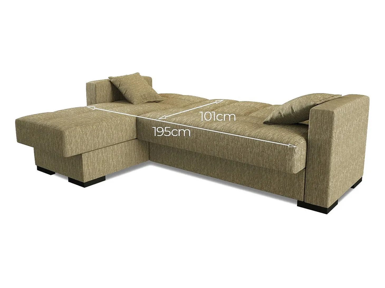 Sofá cama Ddajca, Sofá cama de canto com península reversível, Sofá de arrumação para sala com chaislongue e 2 almofadas, 230x150h81 cm, Bege
