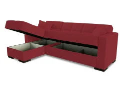Sofá cama Ddajca, Sofá cama de canto com península reversível, Sofá de arrumação para sala com chaislongue e 2 almofadas, 230x150h81 cm, Vermelho