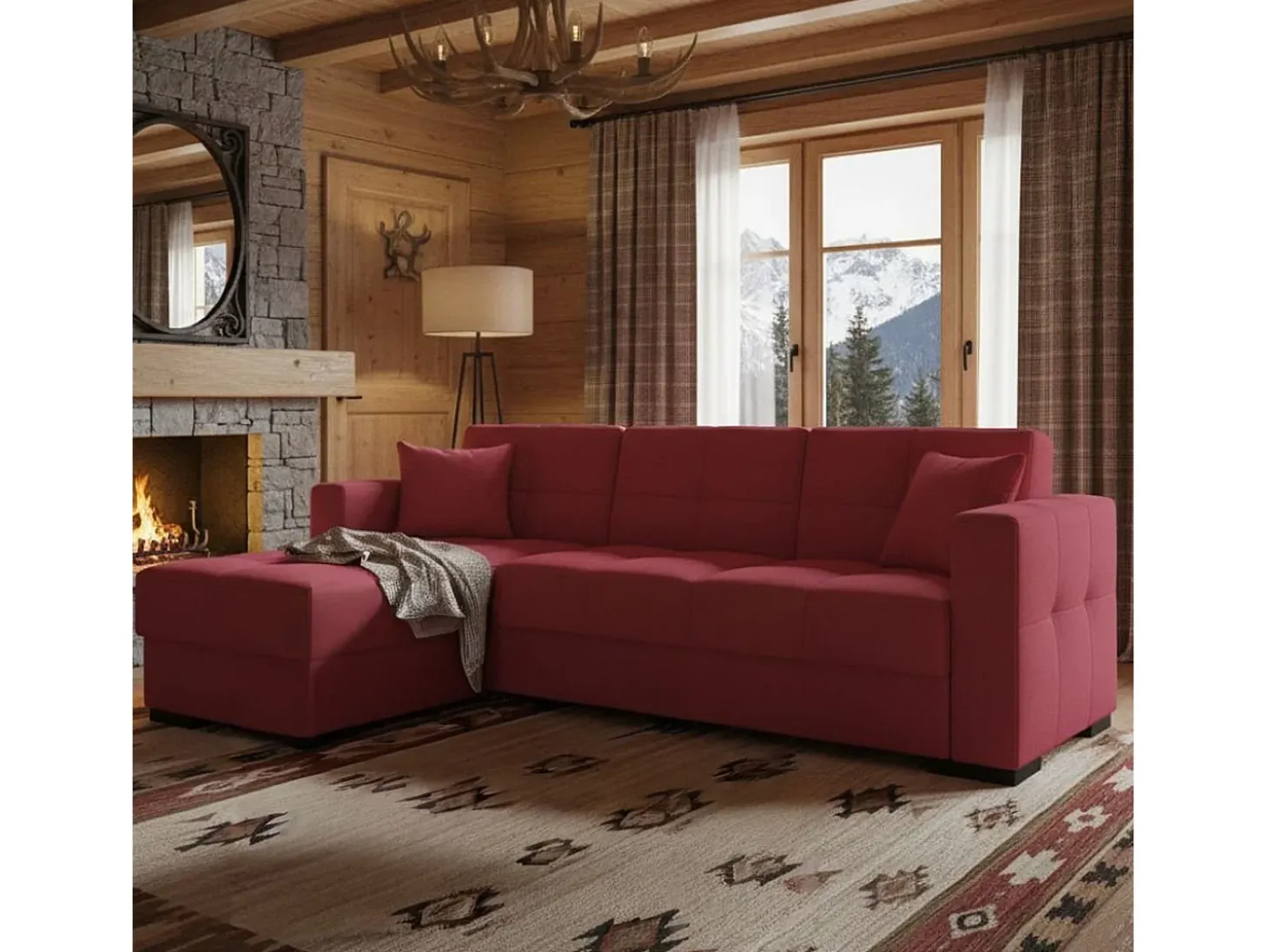 Sofá cama Ddajca, Sofá cama de canto com península reversível, Sofá de arrumação para sala com chaislongue e 2 almofadas, 230x150h81 cm, Vermelho