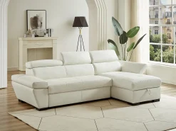 Sofá cama de canto direito em dois materiais branco JONOVA