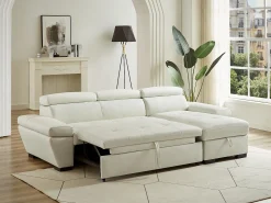 Sofá cama de canto direito em dois materiais branco JONOVA