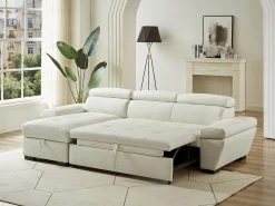 Sofá cama de canto esquerdo em dois materiais branco JONOVA