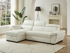 Sofá cama de canto esquerdo em dois materiais branco JONOVA