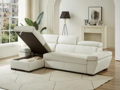 Sofá cama de canto esquerdo em dois materiais branco JONOVA