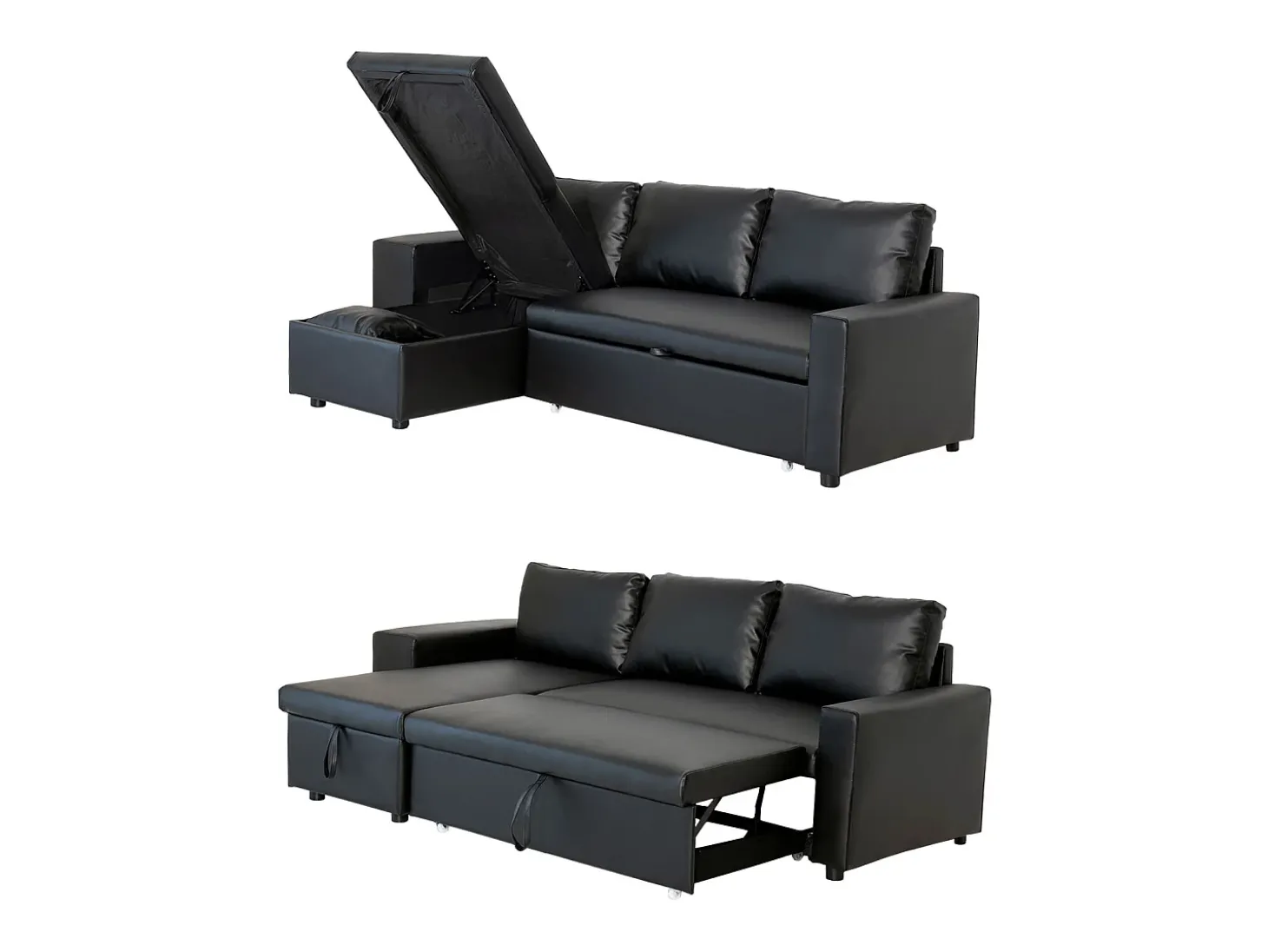 Sofá cama de canto TONY 3 lugares preto