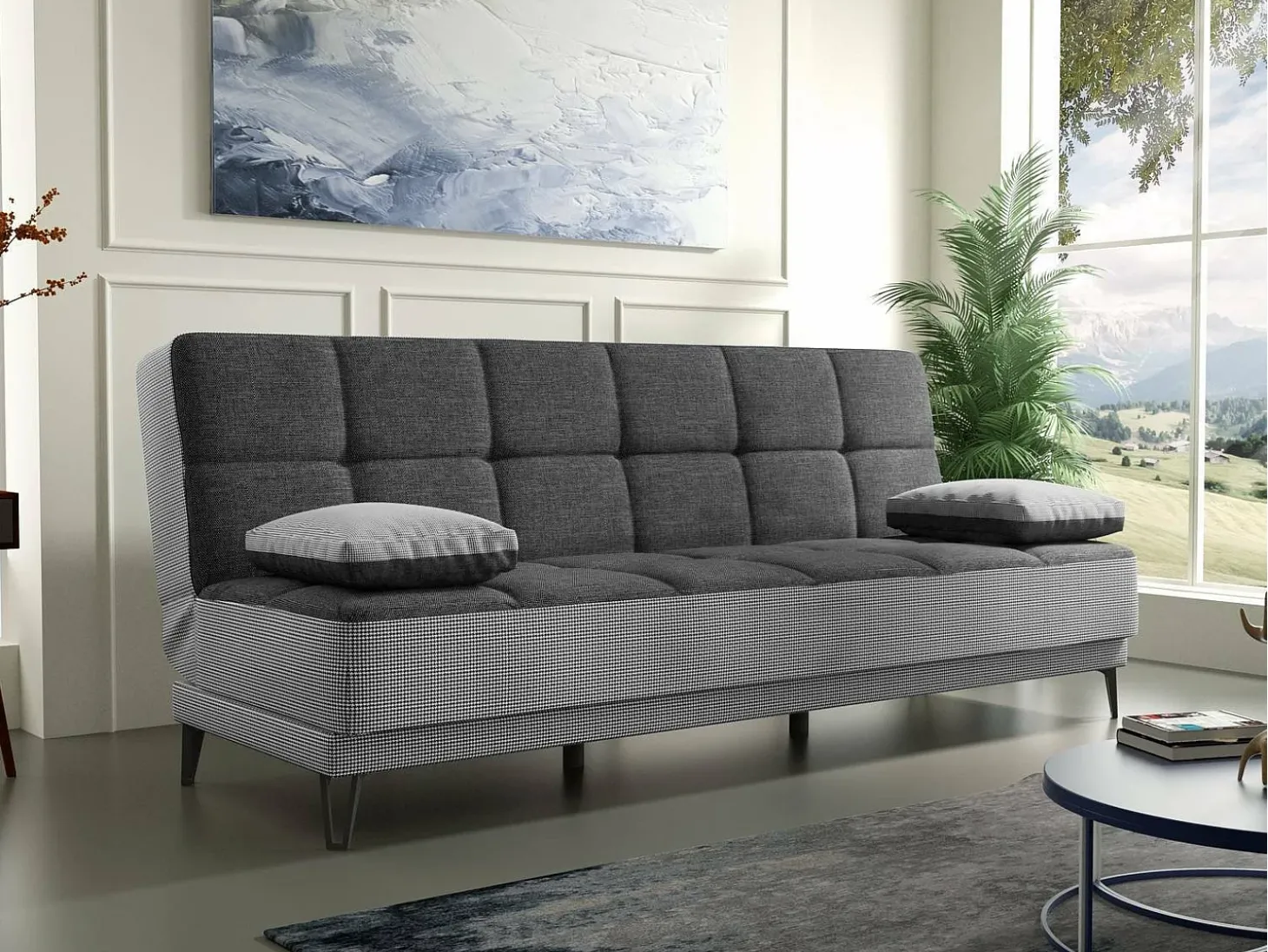 Sofá cama Dfortin, sofá cama de 3 lugares com pés de metal preto, Sofá da sala em tecido acolchoado com abertura click-clack, 190x87h97 cm, Cinza