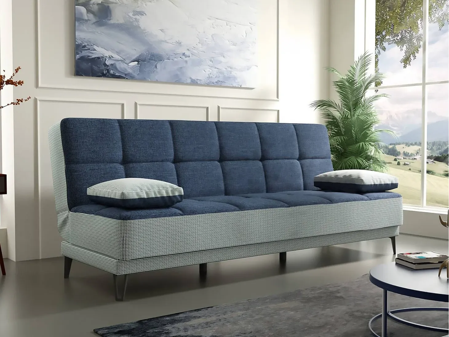 Sofá cama Dfortin, sofá cama de 3 lugares com pés de metal preto, Sofá da sala em tecido acolchoado com abertura click-clack, 190x87h97 cm, Cinza e Azul