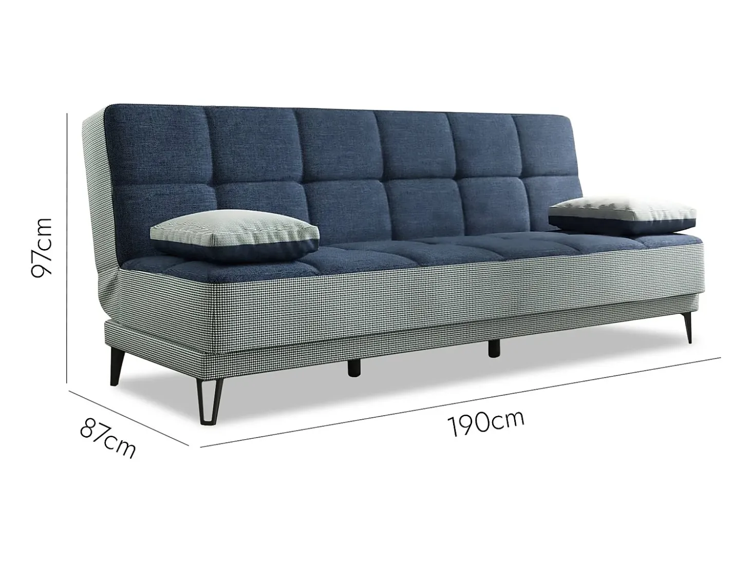 Sofá cama Dfortin, sofá cama de 3 lugares com pés de metal preto, Sofá da sala em tecido acolchoado com abertura click-clack, 190x87h97 cm, Cinza e Azul