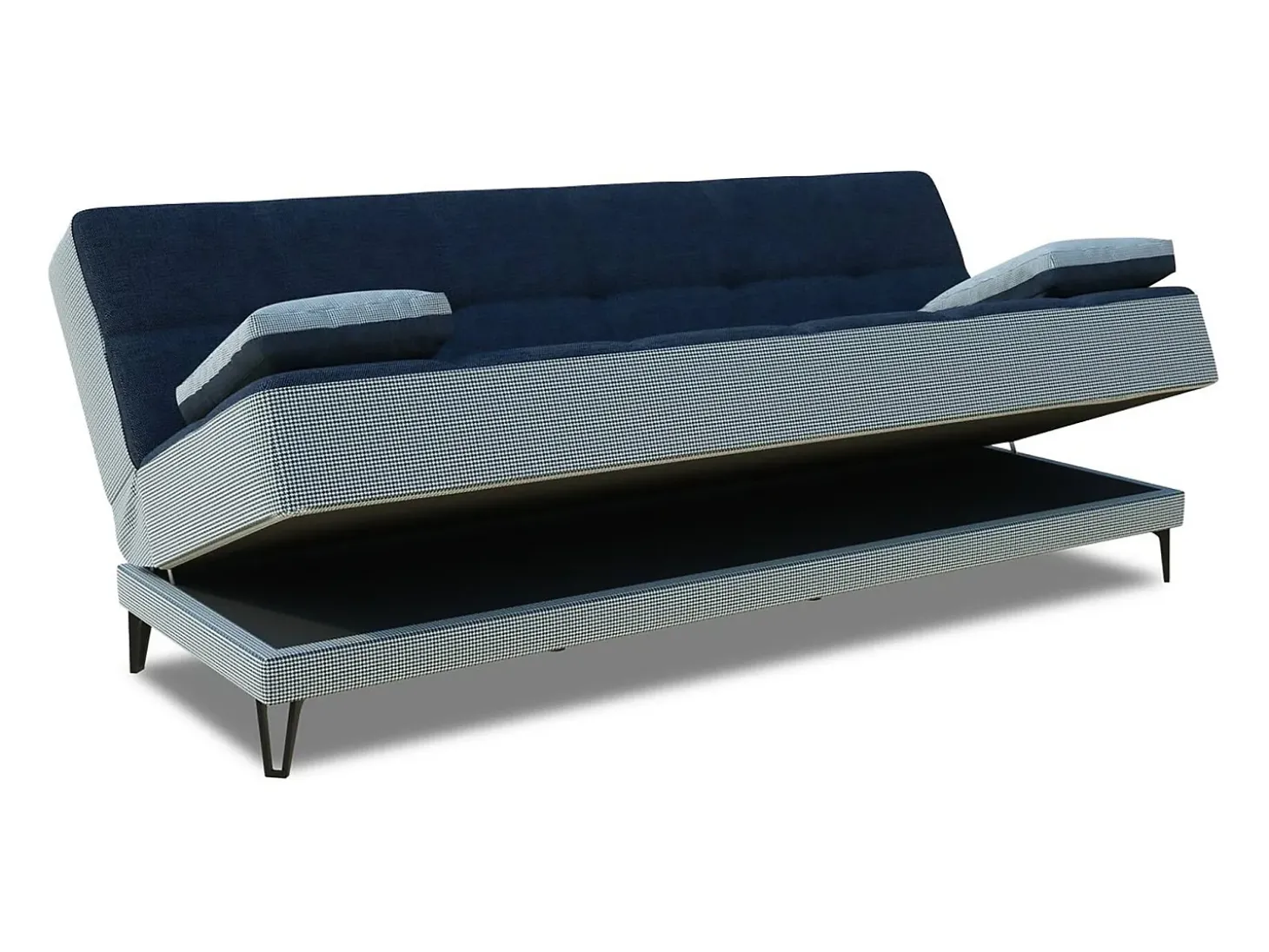 Sofá cama Dfortin, sofá cama de 3 lugares com pés de metal preto, Sofá da sala em tecido acolchoado com abertura click-clack, 190x87h97 cm, Cinza e Azul