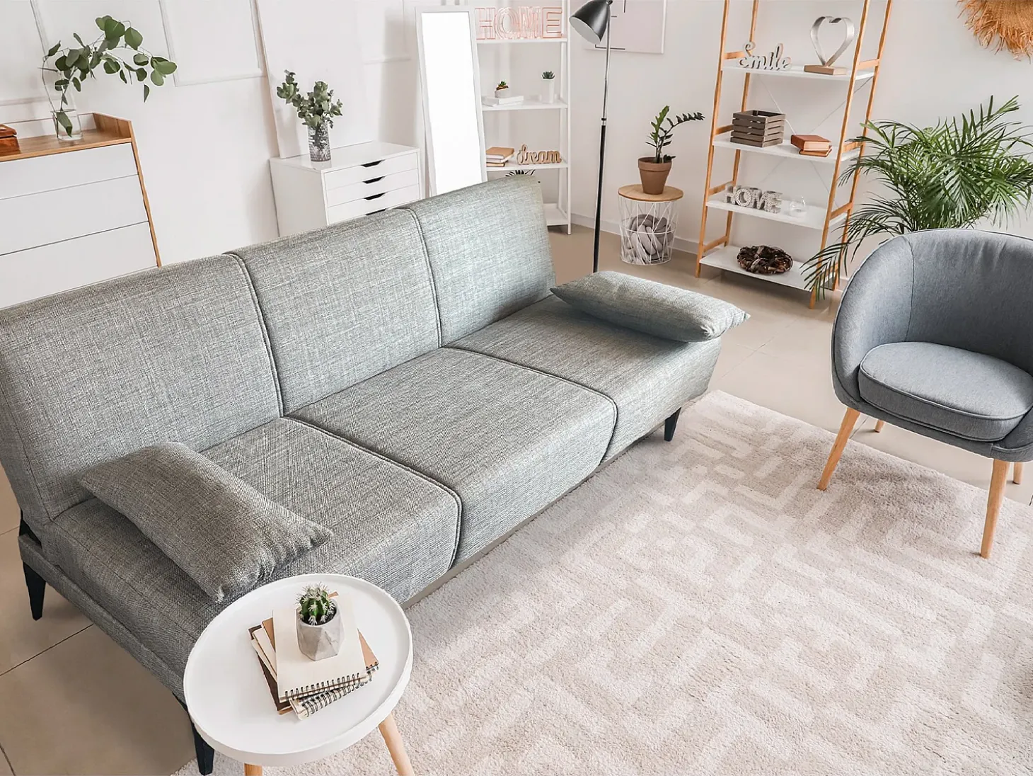 Sofá cama Hugo, Sofá cama de tecido, Sofá cama com abertura click-clack, Sofá cama com almofadas, 190x70h80 cm, Cinza