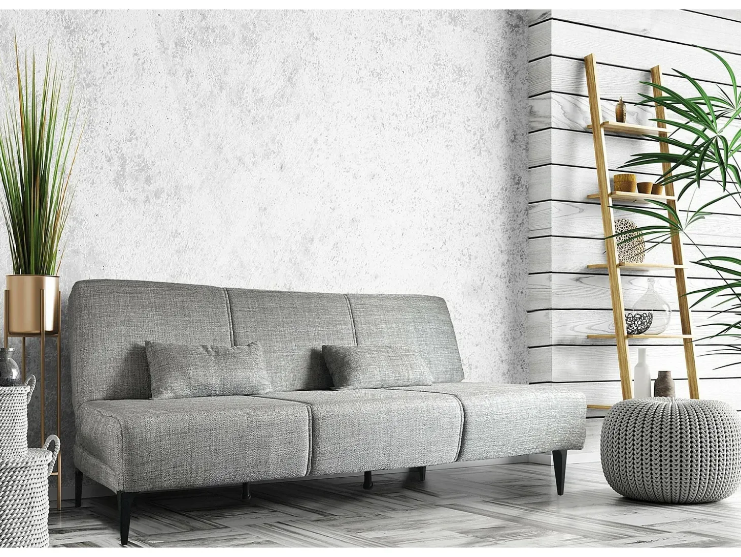 Sofá cama Hugo, Sofá cama de tecido, Sofá cama com abertura click-clack, Sofá cama com almofadas, 190x70h80 cm, Cinza