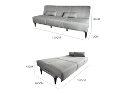 Sofá cama Hugo, Sofá cama de tecido, Sofá cama com abertura click-clack, Sofá cama com almofadas, 190x70h80 cm, Cinza