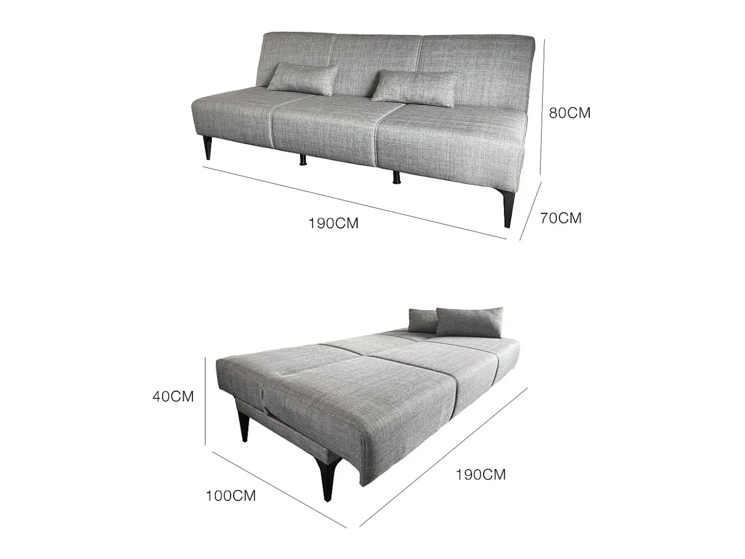 Sofá cama Hugo, Sofá cama de tecido, Sofá cama com abertura click-clack, Sofá cama com almofadas, 190x70h80 cm, Cinza