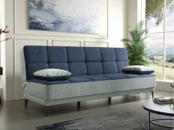 Sofá cama Jordi, sofá cama de 3 lugares com pés de metal preto, Sofá da sala em tecido acolchoado com abertura click-clack, 190x87h97 cm, Cinza e Azul