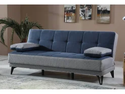 Sofá cama Jordi, sofá cama de 3 lugares com pés de metal preto, Sofá da sala em tecido acolchoado com abertura click-clack, 190x87h97 cm, Cinza e Azul
