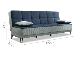 Sofá cama Jordi, sofá cama de 3 lugares com pés de metal preto, Sofá da sala em tecido acolchoado com abertura click-clack, 190x87h97 cm, Cinza e Azul