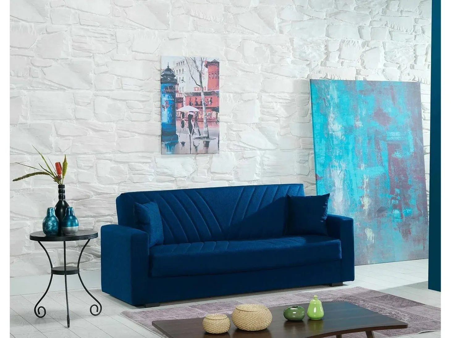 Sofá cama Jorge, sofá cama container linear de 3 lugares com 2 almofadas incluídas, Sofá da sala em tecido acolchoado com abertura click-clack, 214x81xh89 cm, Azul