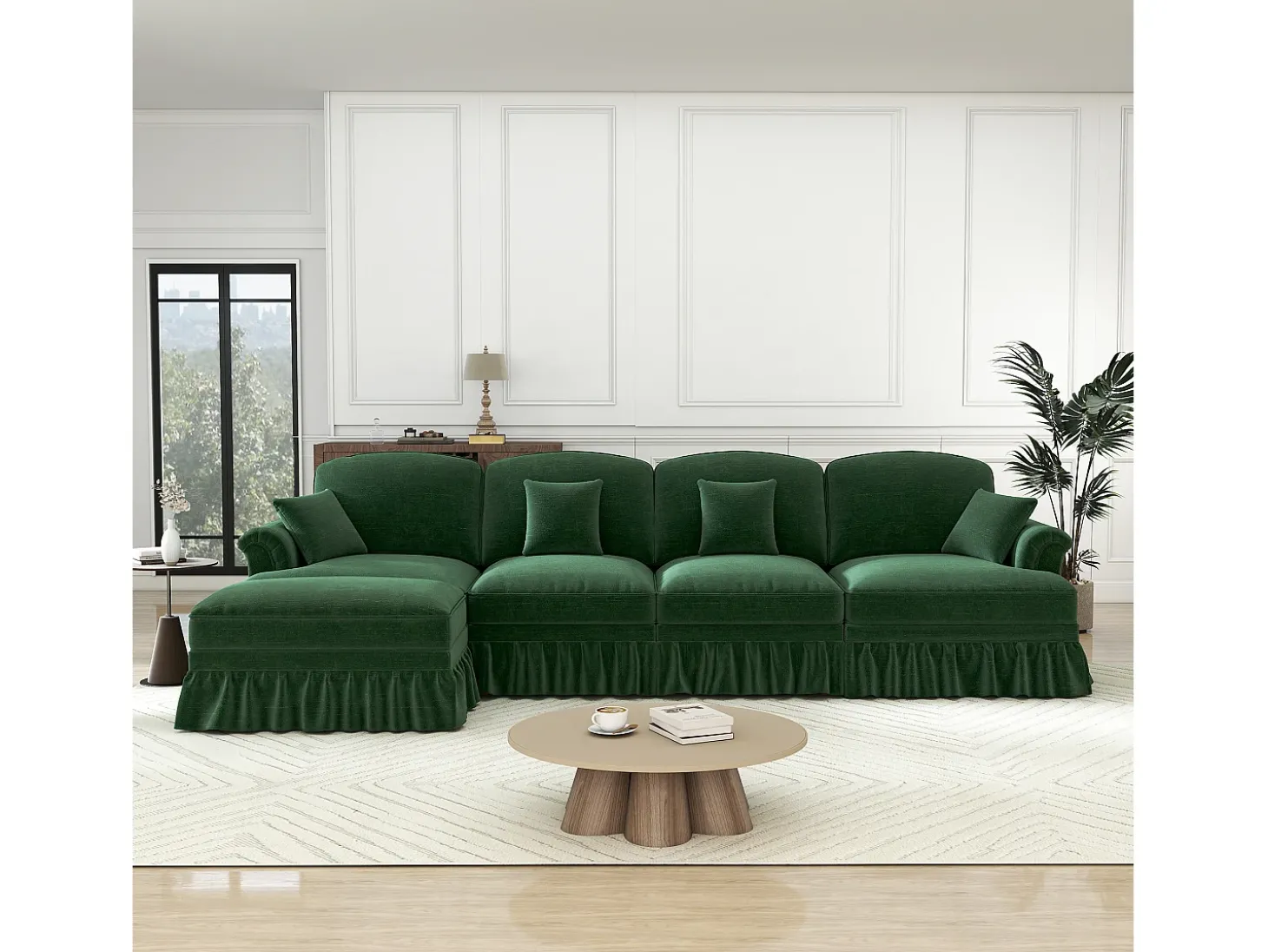 Sofá Cantinho Modular 4 Lugares em L - Chenille - Capa Removível e Puf - 350x140x93cm - Verde