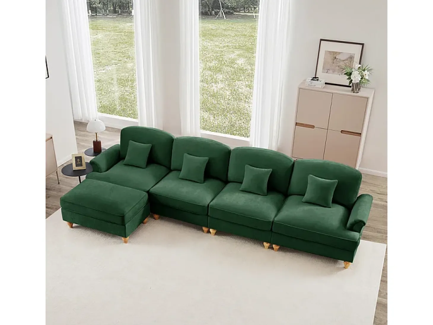 Sofá Cantinho Modular 4 Lugares em L - Chenille - Capa Removível e Puf - 350x140x93cm - Verde