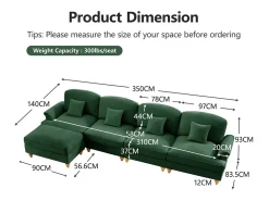 Sofá Cantinho Modular 4 Lugares em L - Chenille - Capa Removível e Puf - 350x140x93cm - Verde