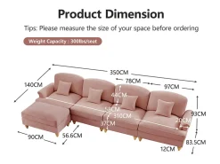 Sofá Cantinho Modular 4 Lugares em L - Chenille - Capa Removível e Puf - 350x140x93cm - Rosa
