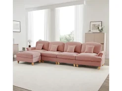 Sofá Cantinho Modular 4 Lugares em L - Chenille - Capa Removível e Puf - 350x140x93cm - Rosa