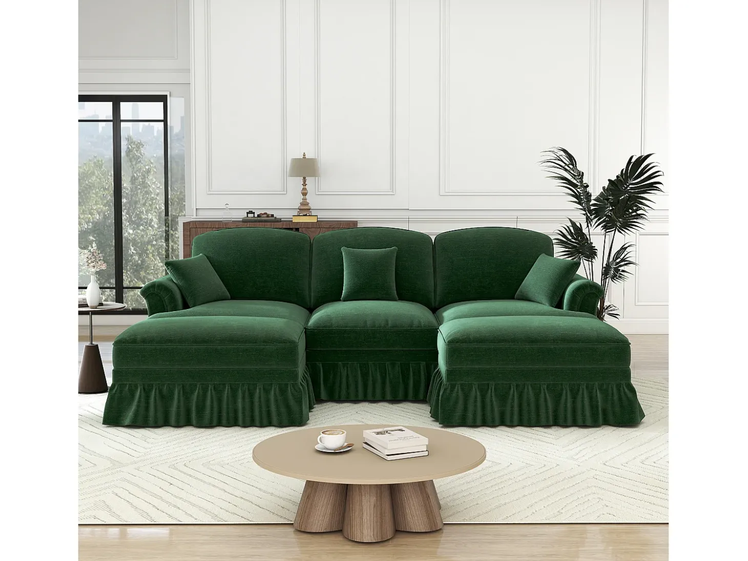 Sofá Cantinho Modular 3 Lugares em U - Chenille - Capa Removível e 2 Pufs - 272x140x93cm - Verde