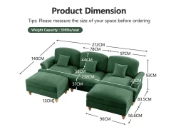 Sofá Cantinho Modular 3 Lugares em U - Chenille - Capa Removível e 2 Pufs - 272x140x93cm - Verde