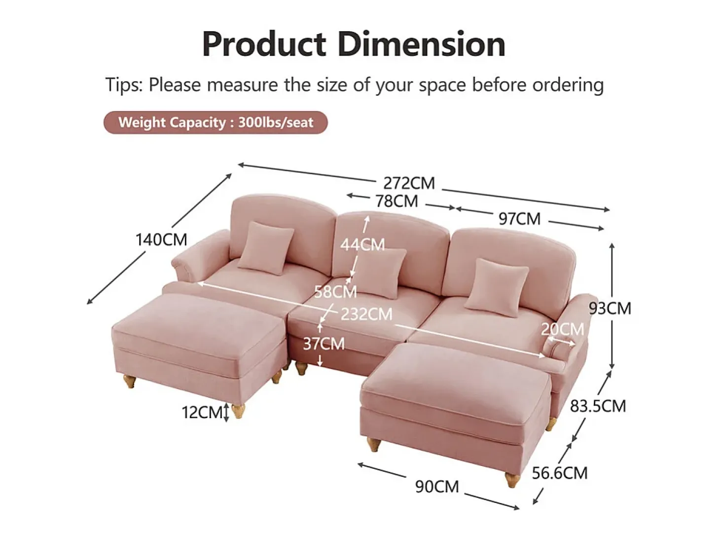 Sofá Cantinho Modular 3 Lugares em U - Chenille - Capa Removível e 2 Pufs - 272x140x93cm - Rosa