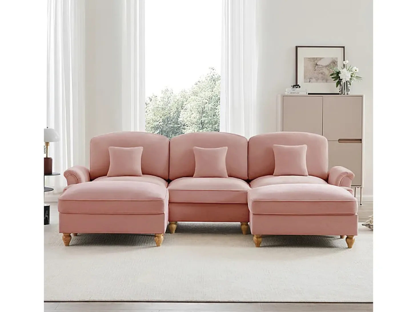 Sofá Cantinho Modular 3 Lugares em U - Chenille - Capa Removível e 2 Pufs - 272x140x93cm - Rosa
