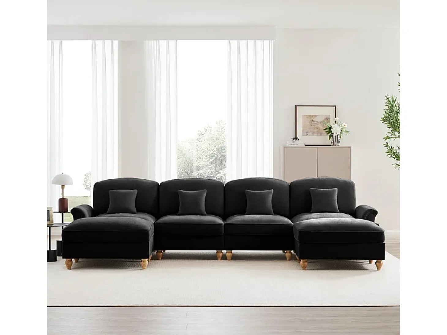 Sofá Cantinho Modular 4 Lugares em U - Chenille - Capa Removível e 2 Pufs - 350x140x93cm - Preto