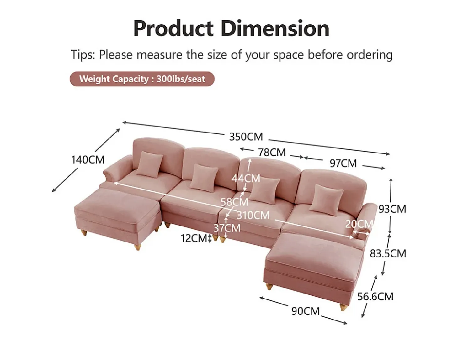 Sofá Cantinho Modular 4 Lugares em U - Chenille - Capa Removível e 2 Pufs - 350x140x93cm - Rosa